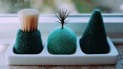Three teal felt objects, a brush, a plant, and a cone, sit in a divided white ceramic tray by a window