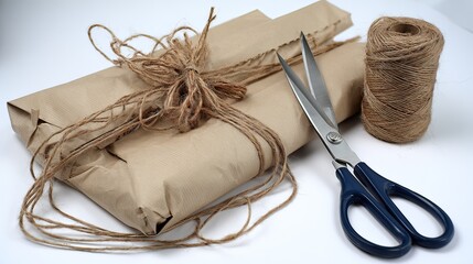 A simply wrapped gift in kraft paper, tied with twine, sits beside a spool of twine and a pair of blue-handled scissors on a white background