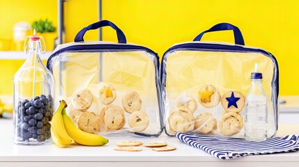 Two clear lunch bags with navy blue handles contain cookies and star-shaped fruit snacks.  Bananas, blueberries, and water bottles are nearby on a white counter against a yellow background