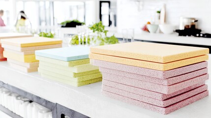 Stacks of pastel-colored, rectangular foam sheets of varying heights sit on a white countertop in a bright, modern kitchen setting