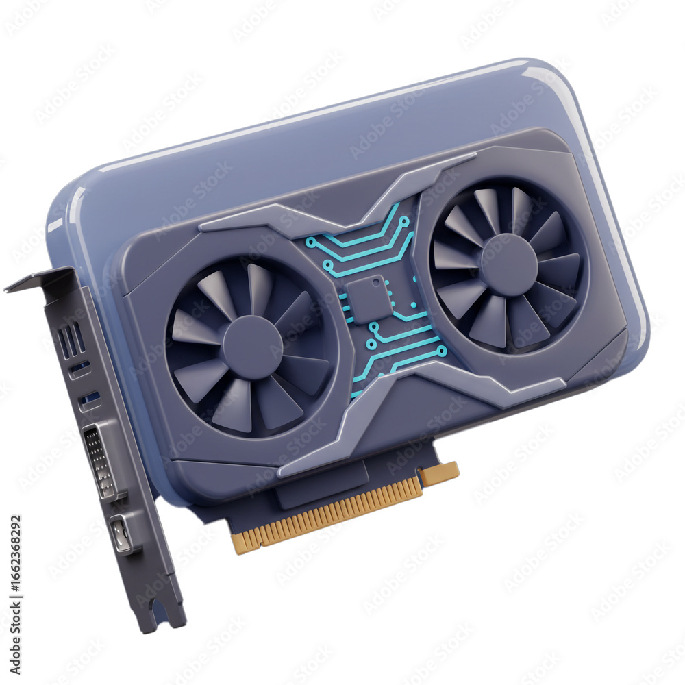 Poster a detailed illustration showcases a modern computer component, featuring a dual-fan cooling system a
