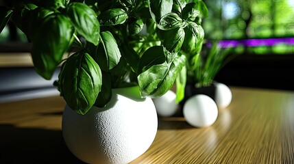 Lush basil plant in a white spherical pot sits on a wooden table, accompanied by smaller white orbs and another potted plant, all bathed in sunlight