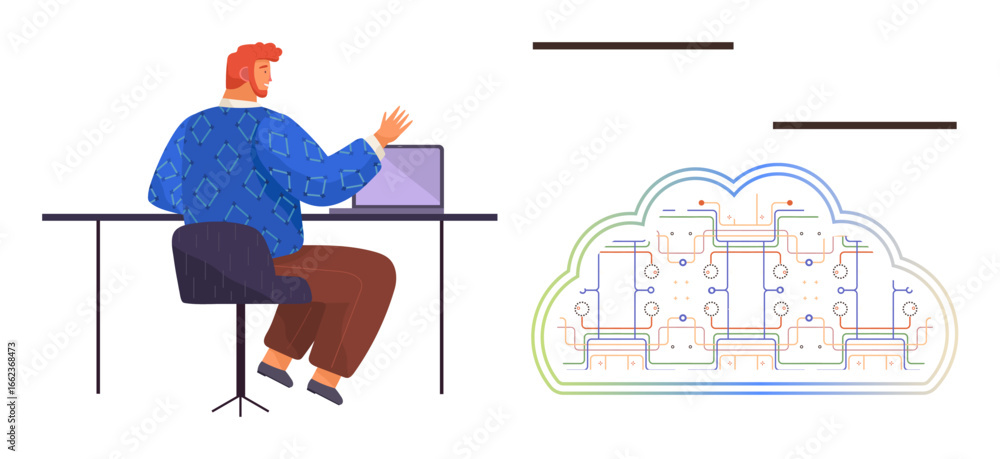 Poster man at desk engaging with laptop, cloud-shaped digital network on side showing connections. ideal fo
