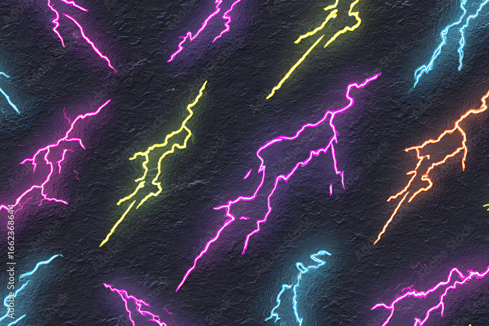 Poster vibrant neon lightning patterns on a textured dark background, creating a dynamic visual effect