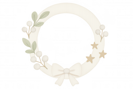 Christmas wreath with white berries, green leaves, gold stars, and white bow on transparent background, perfect for festive projects