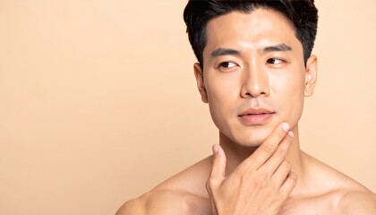 Thoughtful man with hand on chin, staring thoughtfully, captured in a simple, clean studio setting