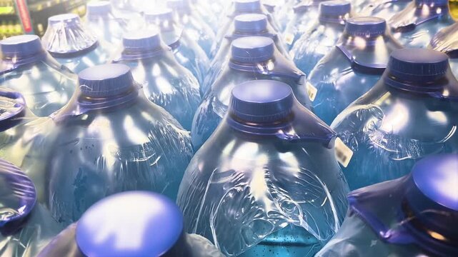 Large Plastic Water Bottles Wrapped in Packaging Film at Wholesale Store | Five-Liter Drinking Water Containers Ready for Distribution | Commercial Beverage Storage and Retail Supply