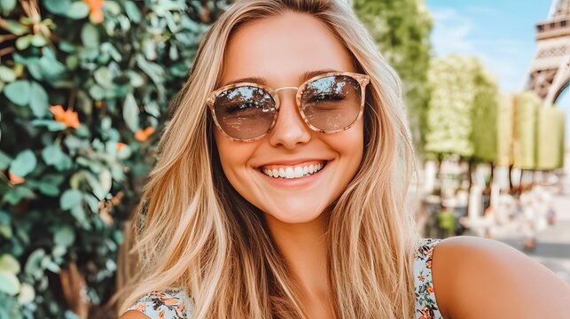 Happy Woman in Sunglasses Eiffel Tower Background Parisian Summer