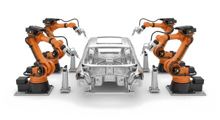 Fototapeta premium Industrial robotic arms assembling car frame, isolated on white background, advanced automation technology in automotive manufacturing and production line