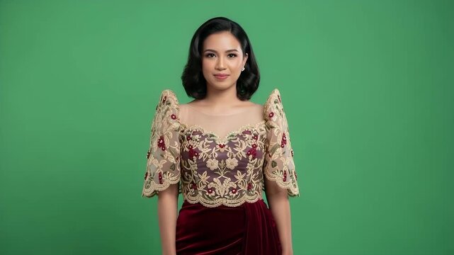 Smiling Filipina Woman in Traditional Baro't Saya Dress Against Green Screen Background