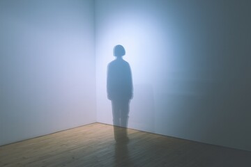 Obraz premium A ghostly, emotional afterimage of a person lingers in an empty room. This image symbolizes emotional residue and how strong feelings can impact a space. Ideal for content on empathy, energy