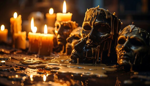 Mysterious occult altar with burning candles melting wax over golden skulls in a dark ritual ceremony