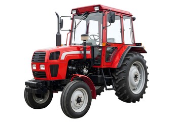Obraz premium Modern red farm tractor with large tires and cabin, isolated on white background, powerful agricultural vehicle for farming, plowing, and field work