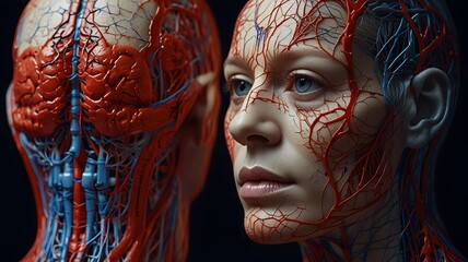 A detailed medical illustration of the vascular system, showing arteries and veins on a young person's face. Human anatomy and science concept