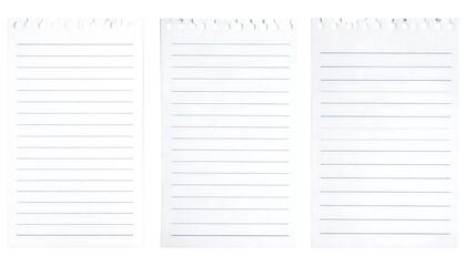 Three lined notepad pages isolated on white