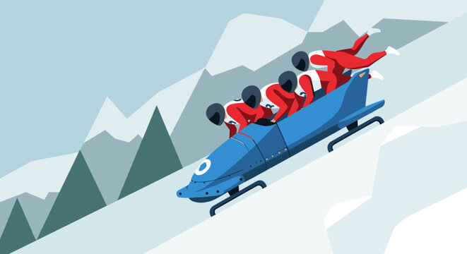 Exciting bobsled race action winter mountains sports illustration snowy environment dynamic viewpoint speed concept. Vector illustration