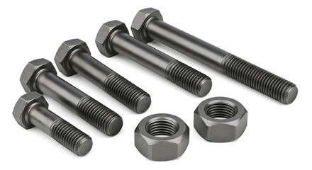 Set of metal bolts and hex nuts isolated on white background, essential hardware fasteners for construction, machinery, automotive, and engineering applications