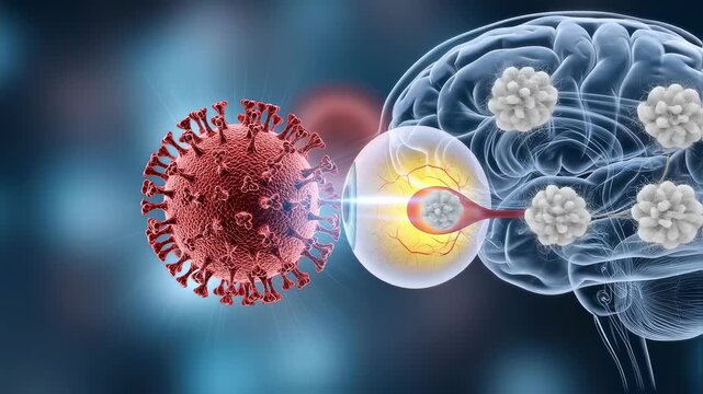 Conceptual illustration of COVID19 virus triggering Alzheimer'slike amyloid plaque formation in the brain and eyes highlighting the connection between viral infection and