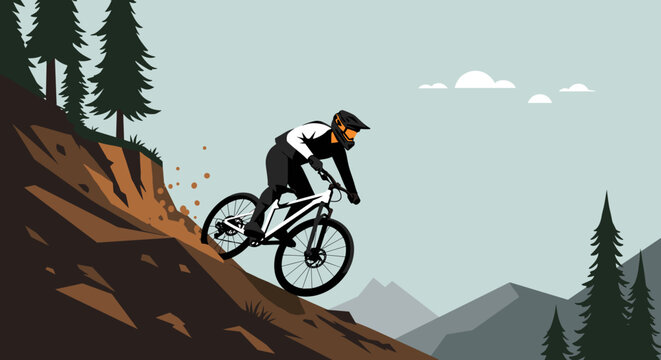 Mountain biking adventure scenic trail digital illustration outdoor aerial view thrill and nature combined. Vector illustration