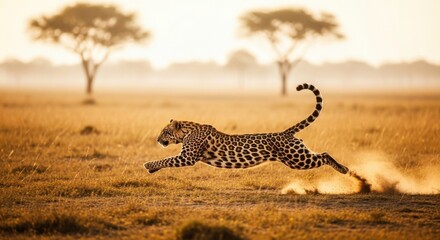 Ephemeral grace, leopard in pursuit of freedom, golden savanna landscape