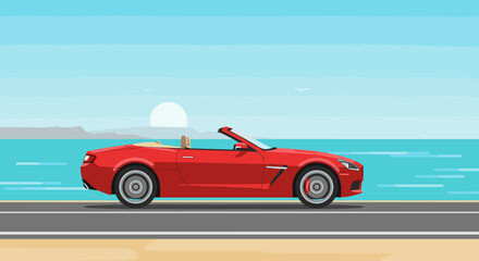 Driving a red convertible by the ocean digital illustration sunny beach environment side view perspective. Vector illustration