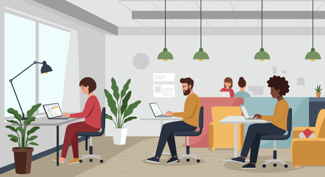 Collaborative work environment in a modern office creative space digital workspace bright ambiance co-working area. Vector illustration