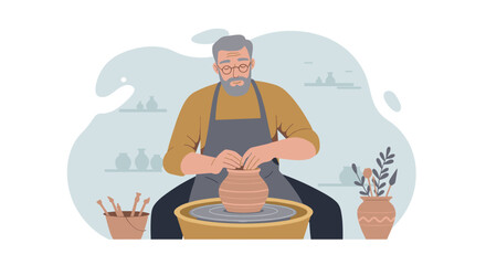 Pottery making workshop art studio illustration creative space close-up view craftsmanship and skill. Vector illustration