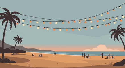 Beach gathering with string lights coastal paradise evening social event relaxing atmosphere scenic view fun vibes. Vector illustration