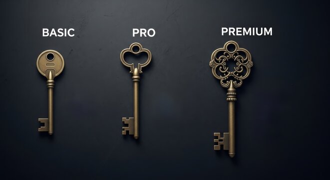 Three vintage keys on a dark background representing basic, pro, and premium service tiers.