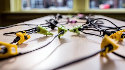 A scattering of colorful, plastic, clip-like devices with black wires lies on a light wood table near a window, casting slight shadows