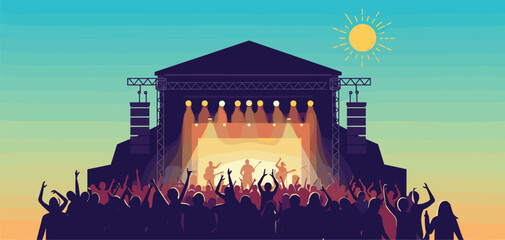 Energetic concert performance outdoor venue digital artwork vibrant sunset audience perspective live music experience. Vector illustration