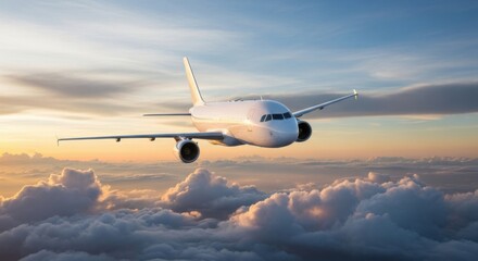 Obraz premium Commercial airplane flying over a serene cloudscape during the sunset time