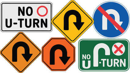 Assorted Road Signs Depicting UTurn Directives and Restrictions, Varying in Shape, Color, and Iconography Displayed Together