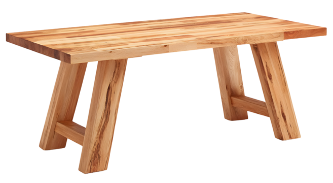 A rectangular wooden dining table with simple, substantial legs.