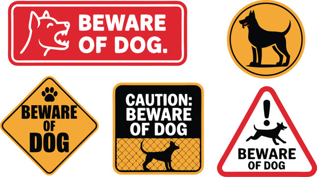 Assorted Warning Signs with 'Beware of Dog' Text and Dog Icons on a White Background