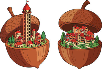 Acorn shaped miniature village with tiny houses and tall tower detailed fantasy nature design vector illustration