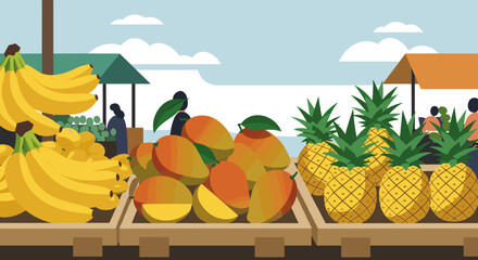 Vibrant fruit market scene coastal town illustration fresh produce aerial view culinary delight. Vector illustration