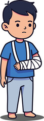 Boy with broken arm in cast wearing blue shirt and gray pants injury recovery vector illustration