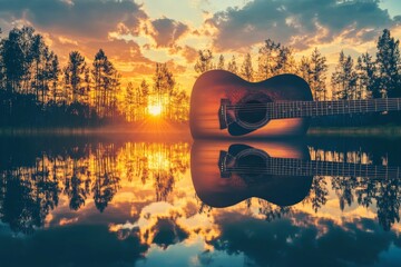 art illustration guitar at lake