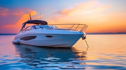 Naklejka premium Luxury Yacht at Sunset, Calm Waters, Beautiful Sky