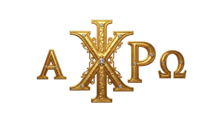 Golden chi rho alpha omega symbol christianity religious sign jesus christ faith hope love eternal life 100