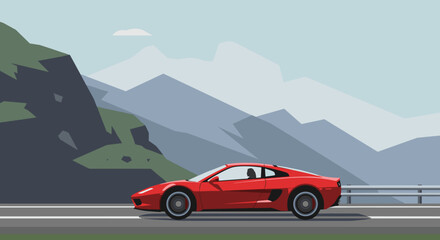 Naklejka premium Dynamic driving action of a red sports car on a scenic roadway mountainous landscape digital artwork vibrant environment. Vector illustration