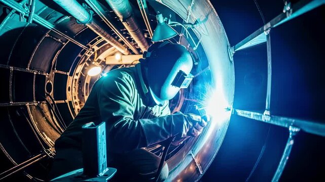 Welder positioned inside the submarine hull cavity performing critical welds on the pressureresistant steel panels.