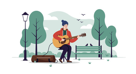 Obraz premium Musician playing guitar in a park illustrative art calm environment artistic perspective. Vector illustration