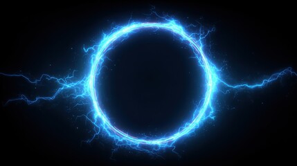 Stunning photo of electric blue lightning frame with plasma portal on dark background. Round glowing sphere with neon strikes. Energy circle border with flash spark effects.