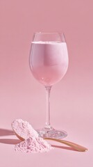 Stunning photo of pink collagen powder with scoop and glass of mixed drink on pink background.