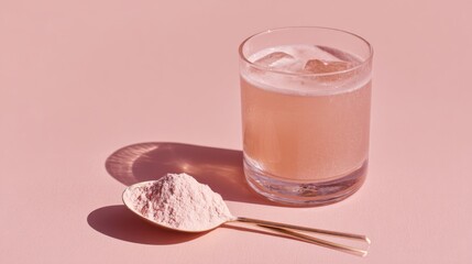 Stunning photo of pink collagen powder with scoop and glass of mixed drink on pink background.