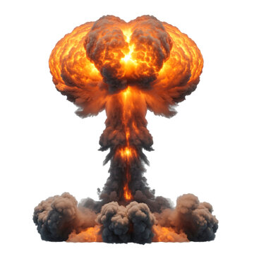 A massive mushroom cloud erupts violently, showcasing the immense power of a cataclysmic explosion with swirling smoke and intense heat, creating a dramatic and awe-inspiring visual.
