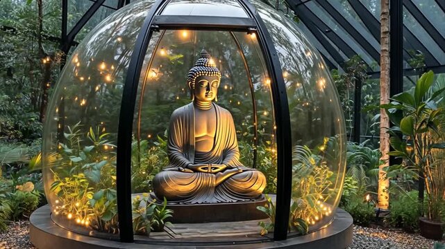 serene buddha statue in a glass dome amidst lush greenery embodying peace and tranquility beautifully lit