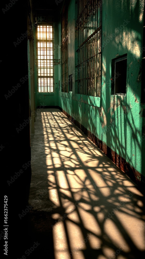 Aufkleber stunning photo of this image shows a dimly lit prison corridor where sunlight filters through barred